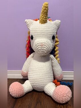 Handmade White Unicorn Plush with Pink Hooves and Rainbow Mane